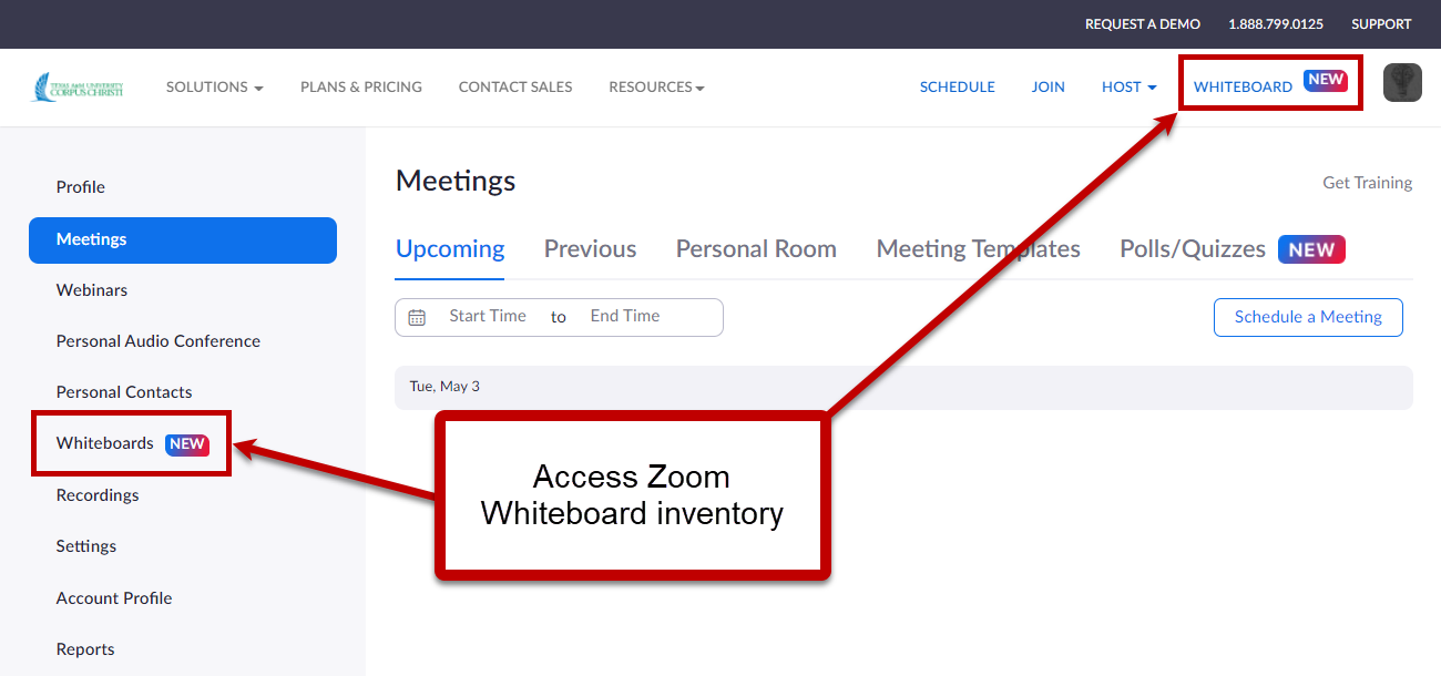 Zoom web portal page showing new Whiteboard access links in the top actions menu, and left navigation menu.