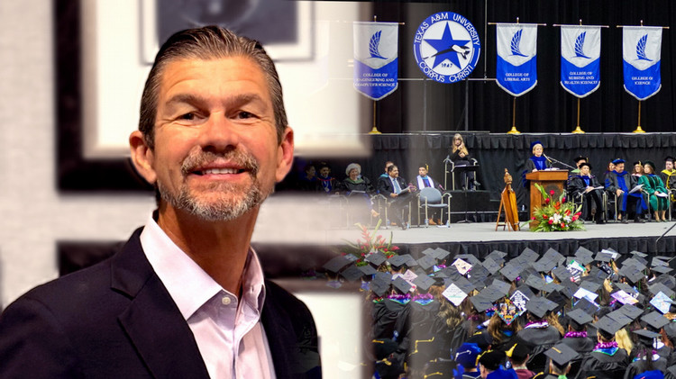 Headshot+of+Patrick+Murray+and+Picture+of+past+commencement+with+Dr.+Kelly+M.+Miller+speaking+at+the+podium