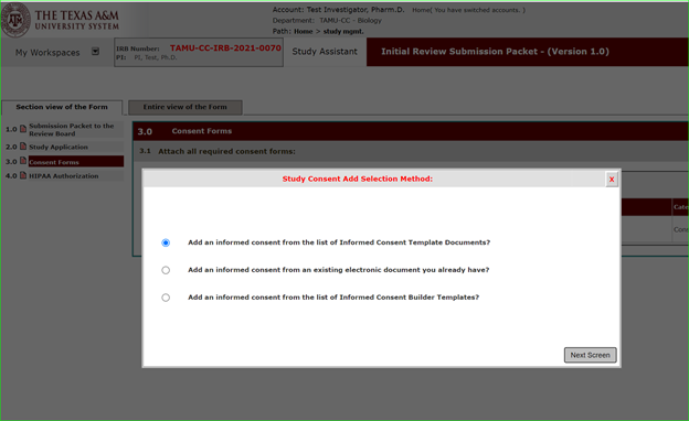 Clipping of iRIS study consent add selection method window