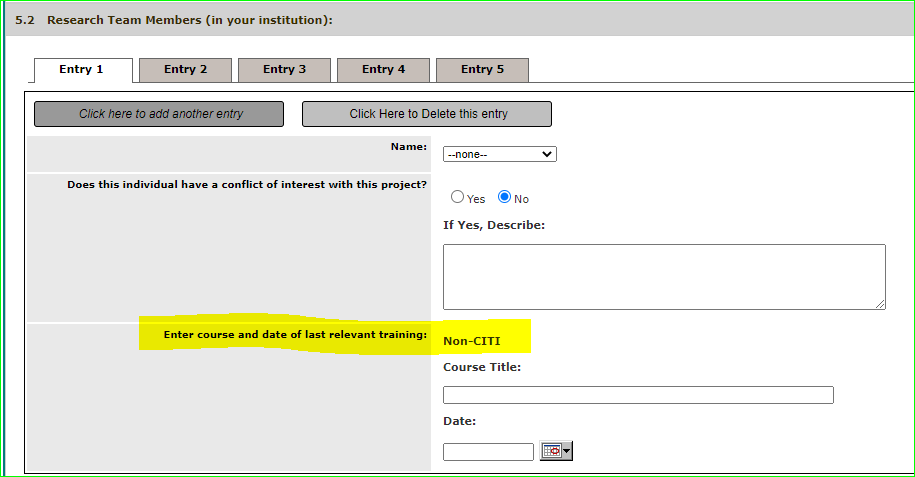 clipping of application showing where to add non-CITI training courses