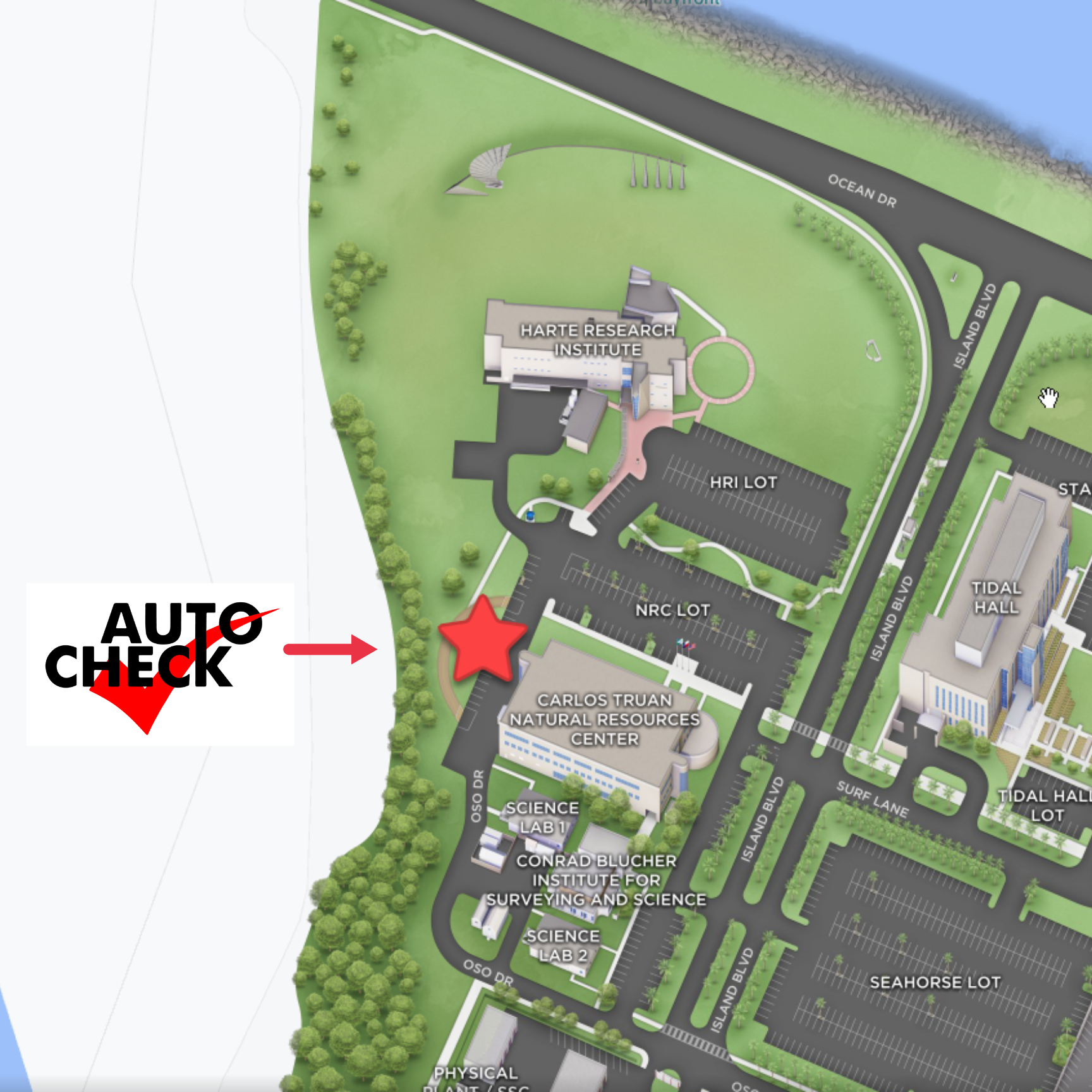 NRC Appointment Map AutoCheck TAMU-CC campus behind the NRC building